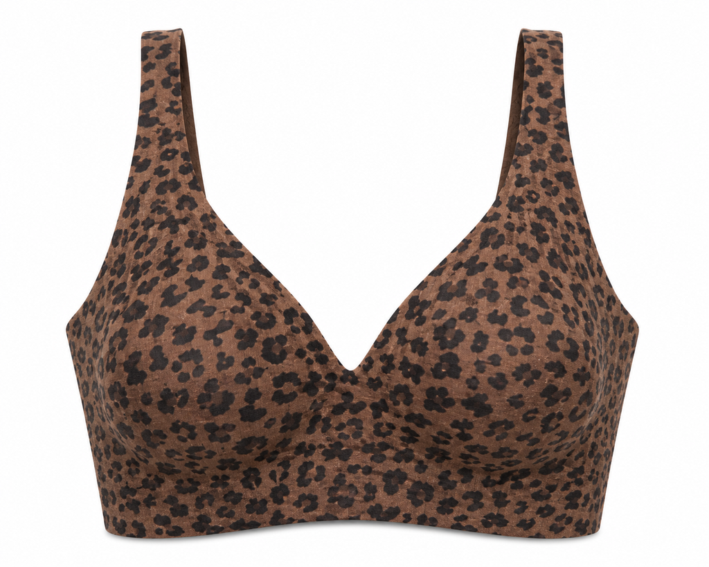 Black on Brown Leopard Print HugMyBody™ Essential Jelly Bra with a smooth seamless design, wide shoulder straps and V-neckline, shown from the front on a white background.