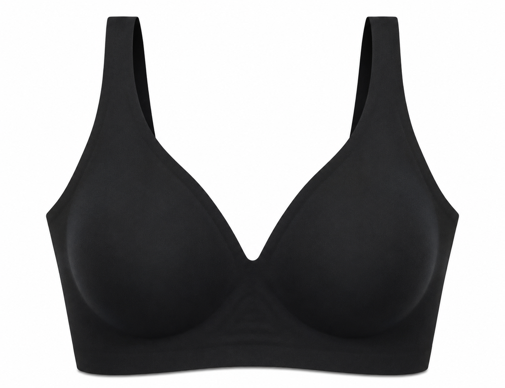 Black HugMyBody™ Essential Jelly Bra with a smooth seamless design, wide shoulder straps and V-neckline, shown from the front on a white background.