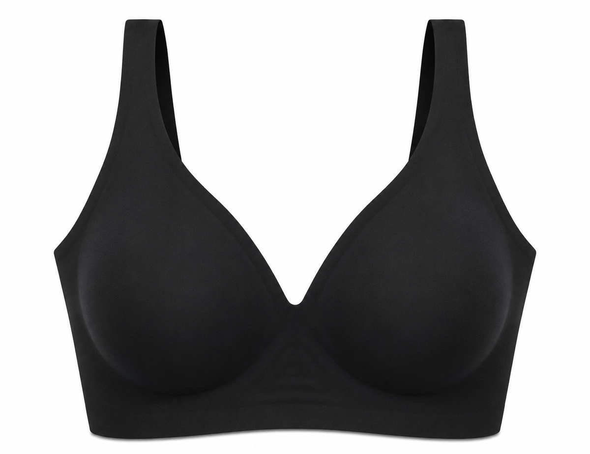 Black HugMyBody™ Essential Jelly Bra with a smooth seamless design, wide shoulder straps and V-neckline, shown from the front on a white background.