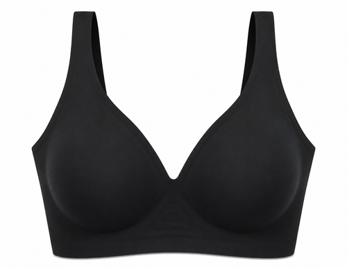 Black HugMyBody™ Essential Jelly Bra with a smooth seamless design, wide shoulder straps and V-neckline, shown from the front on a white background.