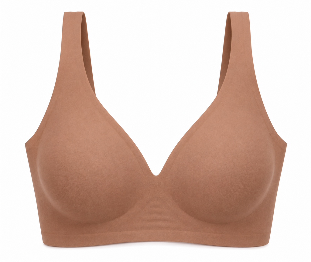 Brown HugMyBody™ Essential Jelly Bra with a smooth seamless design, wide shoulder straps and V-neckline, shown from the front on a white background.