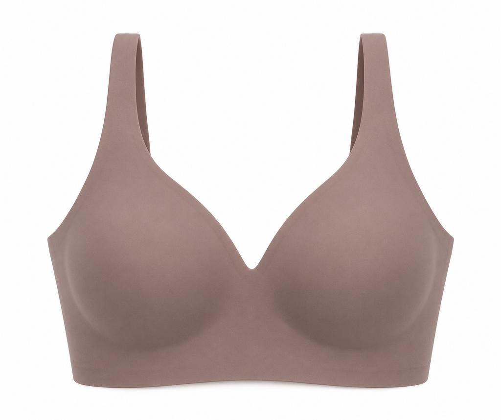 Gray HugMyBody™ Essential Jelly Bra with a smooth seamless design, wide shoulder straps and V-neckline, shown from the front on a white background.
