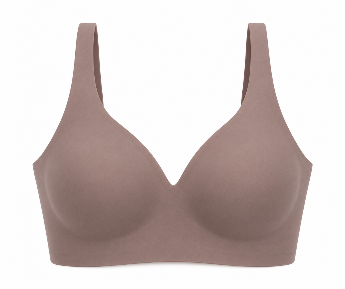 Gray HugMyBody™ Essential Jelly Bra with a smooth seamless design, wide shoulder straps and V-neckline, shown from the front on a white background.