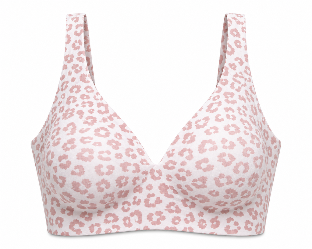 Pink Leopard Print HugMyBody™ Essential Jelly Bra with a smooth seamless design, wide shoulder straps and V-neckline, shown from the front on a white background.