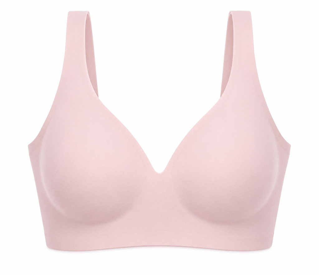 Pink HugMyBody™ Essential Jelly Bra with a smooth seamless design, wide shoulder straps and V-neckline, shown from the front on a white background.