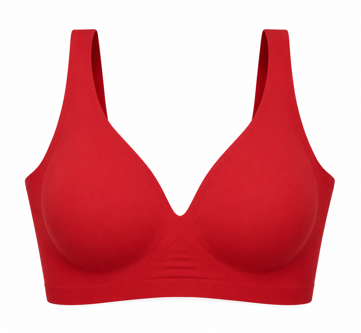 Red HugMyBody™ Essential Jelly Bra with a smooth seamless design, wide shoulder straps and V-neckline, shown from the front on a white background.
