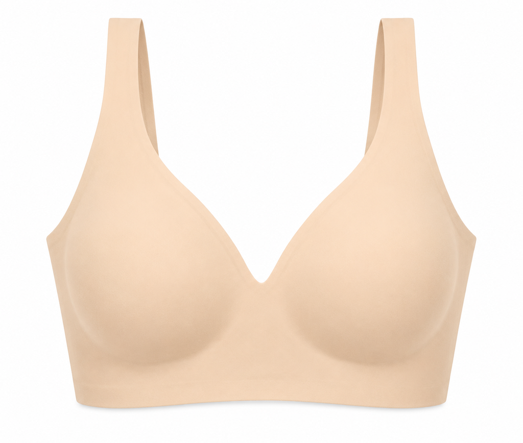 Sand HugMyBody™ Essential Jelly Bra with a smooth seamless design, wide shoulder straps and V-neckline, shown from the front on a white background.