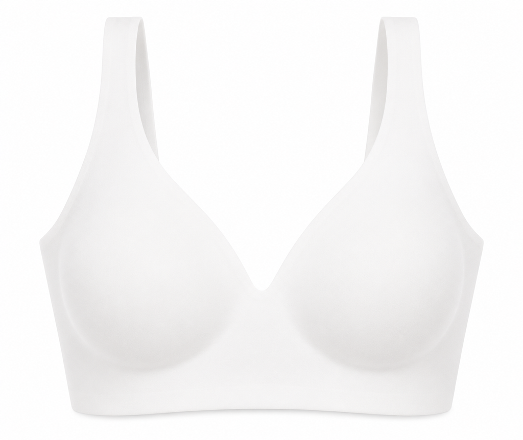 White HugMyBody™ Essential Jelly Bra with a smooth seamless design, wide shoulder straps and V-neckline, shown from the front on a white background.