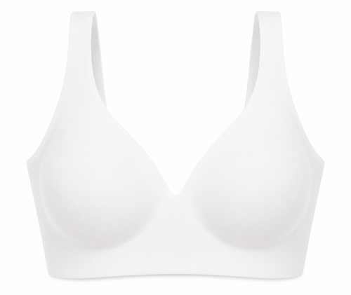 White HugMyBody™ Essential Jelly Bra with a smooth seamless design, wide shoulder straps and V-neckline, shown from the front on a white background.