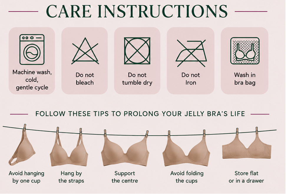 HugMyBody™ Jelly Bra care instructions: machine wash cold on a gentle cycle in a bra bag; do not bleach, tumble dry or iron. Hang by the straps, support the centre when drying, avoid folding the cups, and store flat or in a drawer.