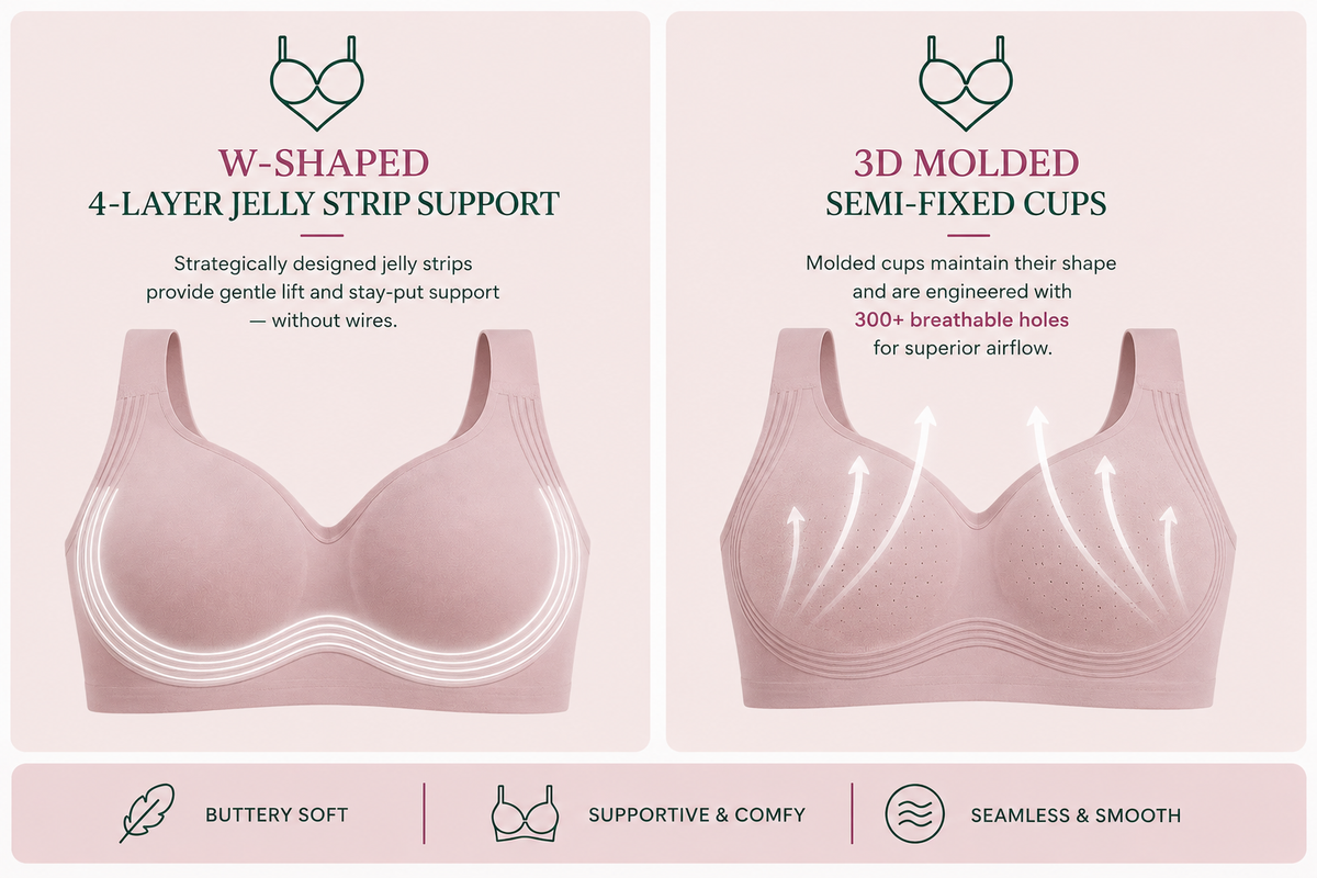 HugMyBody™ Jelly Bra support technology with W-shaped 4-layer jelly strips for wire-free lift and 3D moulded semi-fixed cups with 300+ breathable holes for airflow. Buttery soft, supportive and seamless.