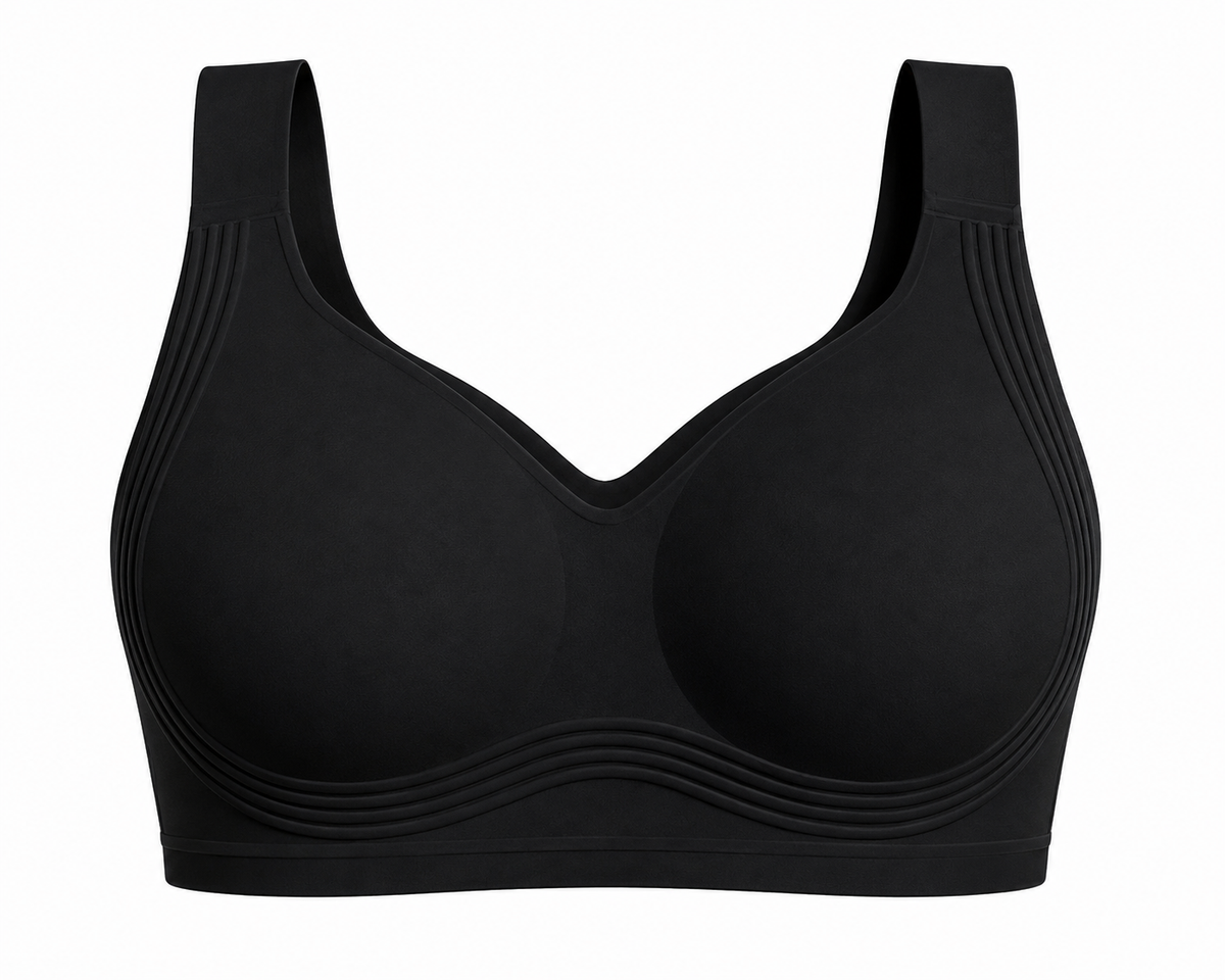 Black HugMyBody™ Signature Jelly Bra with visible ribbed jelly support technology around the cups and sides, shown from the front on a white background.
