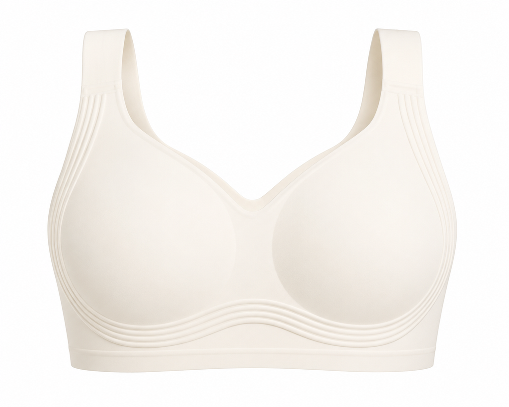 Milky White HugMyBody™ Signature Jelly Bra with visible ribbed jelly support technology around the cups and sides, shown from the front on a white background.