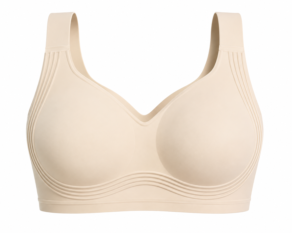 Sand HugMyBody™ Signature Jelly Bra with visible ribbed jelly support technology around the cups and sides, shown from the front on a white background.