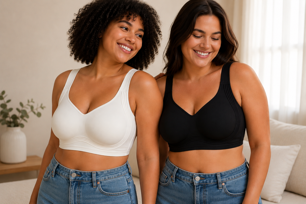 Two women smiling and posing together indoors while wearing HugMyBody™ Signature Jelly Bras in Milky White and Black, showing the front fit and visible ribbed jelly support technology.