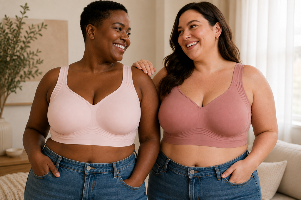 Two women smiling and posing together indoors while wearing HugMyBody™ Signature Jelly Bras in Pink and Dusty Rose, showing the front fit and visible ribbed jelly support technology.